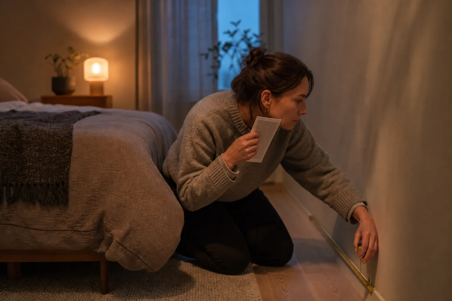 Person mäter rum, granskar filter och bedömer ljud nära sovplats