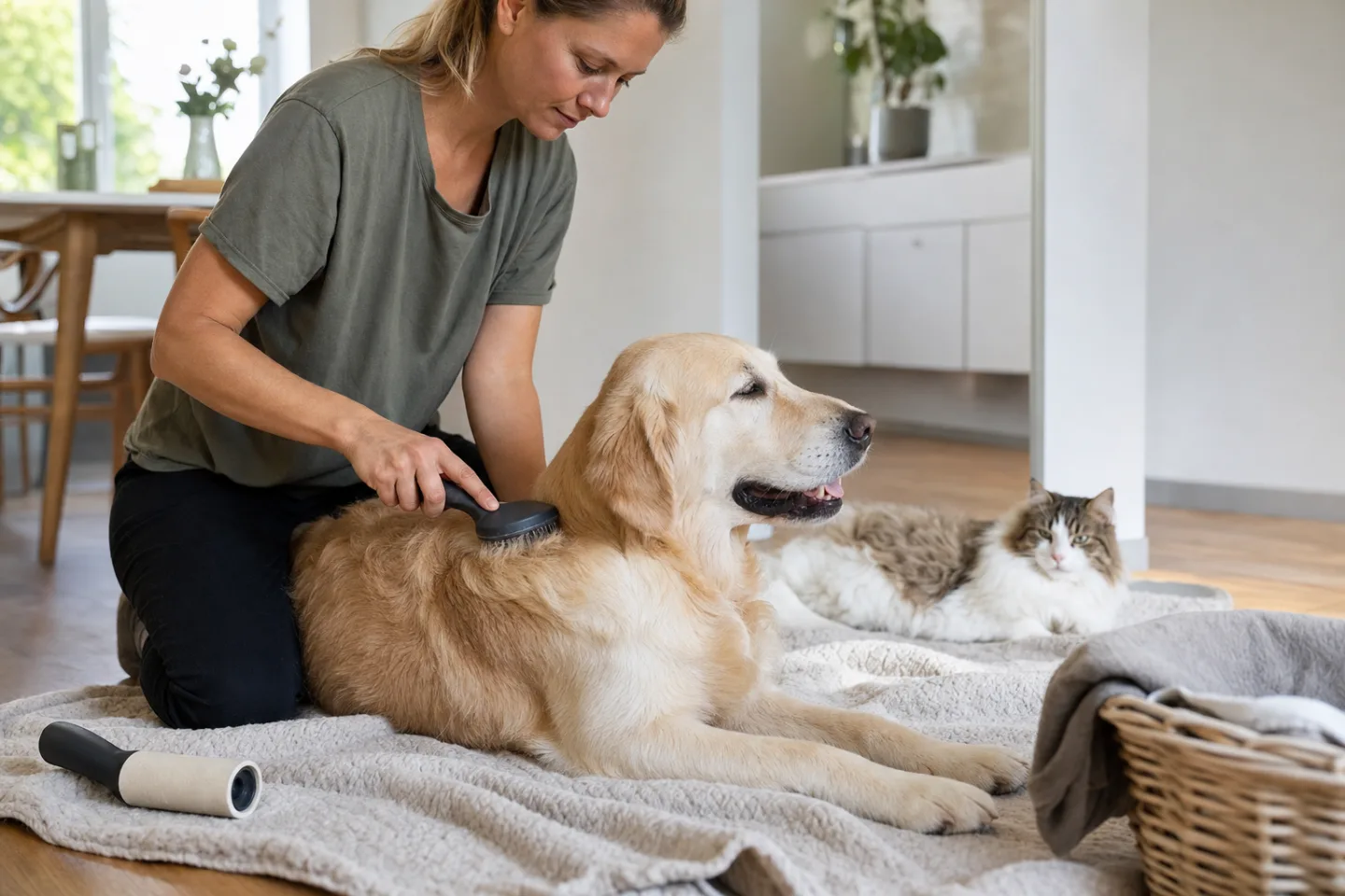 Hund och katt borstas på en tvättbar filt i hemmet