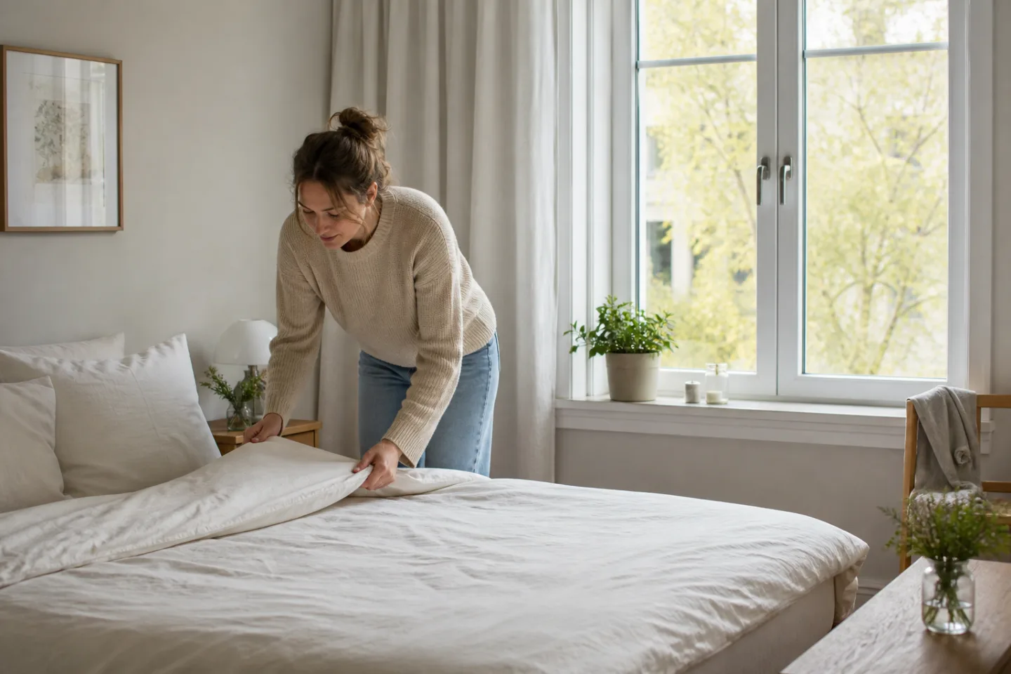 Lugnt sovrum med nytvättade sängkläder och stängt fönster