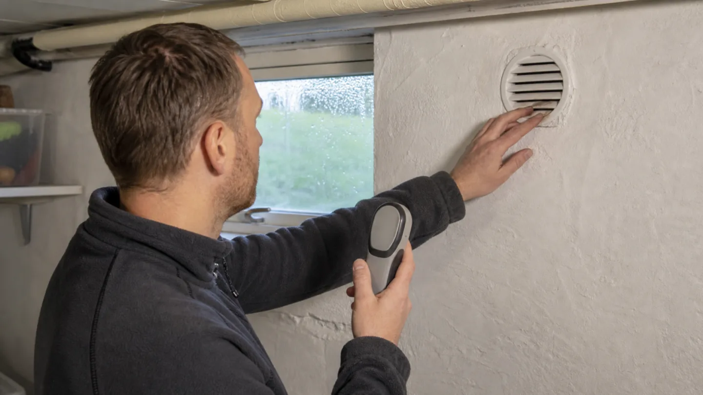 Fuktmätning och ventilation kontrolleras i en källare före filtrering