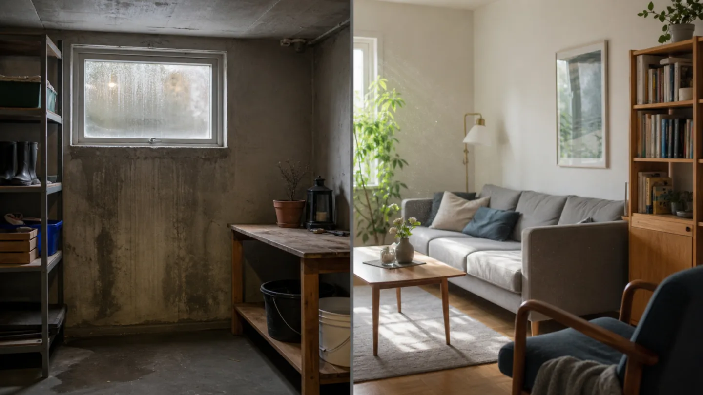 Kondens i en källare jämförs med partiklar i ett bostadsrum